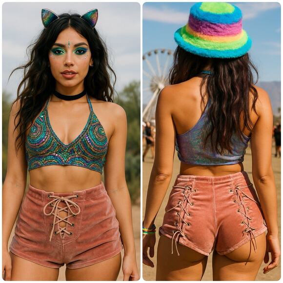 UNIF Dusty Pink Velvet Lace-Up Mini Shorts Rave Festival Club Sexy Velour Size M - Picture 1 of 8